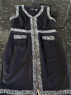 Karl Lagerfeld Dress with Tweed Trim and Gold Zip. Size 8.